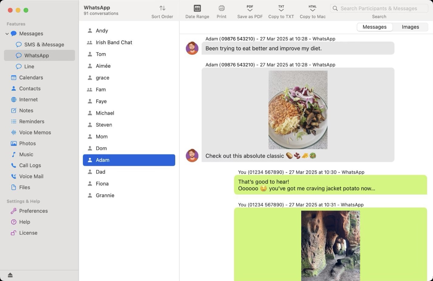 Touchcopy WhatsApp -Gespräche Ein Screenshot von TouchCopy, eine App für Mac und PC, mit der Sie Textnachrichten vom iPhone auf Ihrem Computer speichern können.
