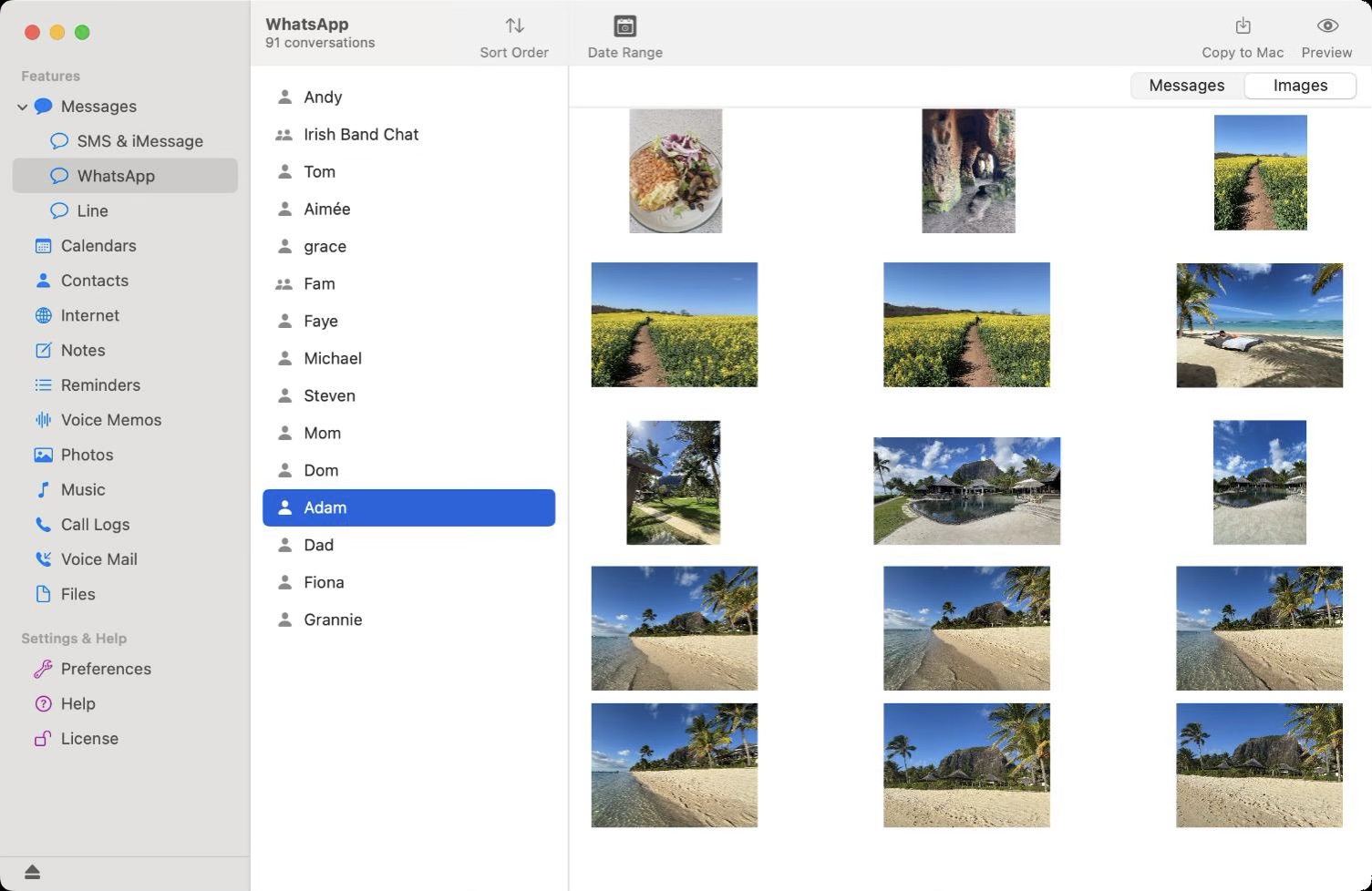 Touchcopy WhatsApp -Fotos Screenshot zeigt, wie Bilder von WhatsApp -Nachrichten in der TouchCopy -App auf Mac speichern.