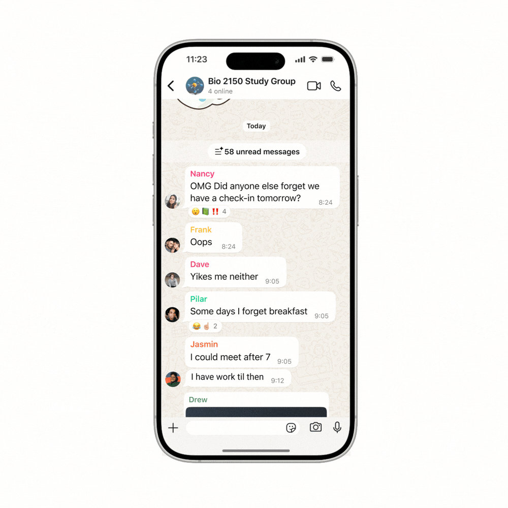 Animation, in dem zusammenfassende Nachrichten in einem WhatsApp -Chat auf dem iPhone zusammengefasst werden.