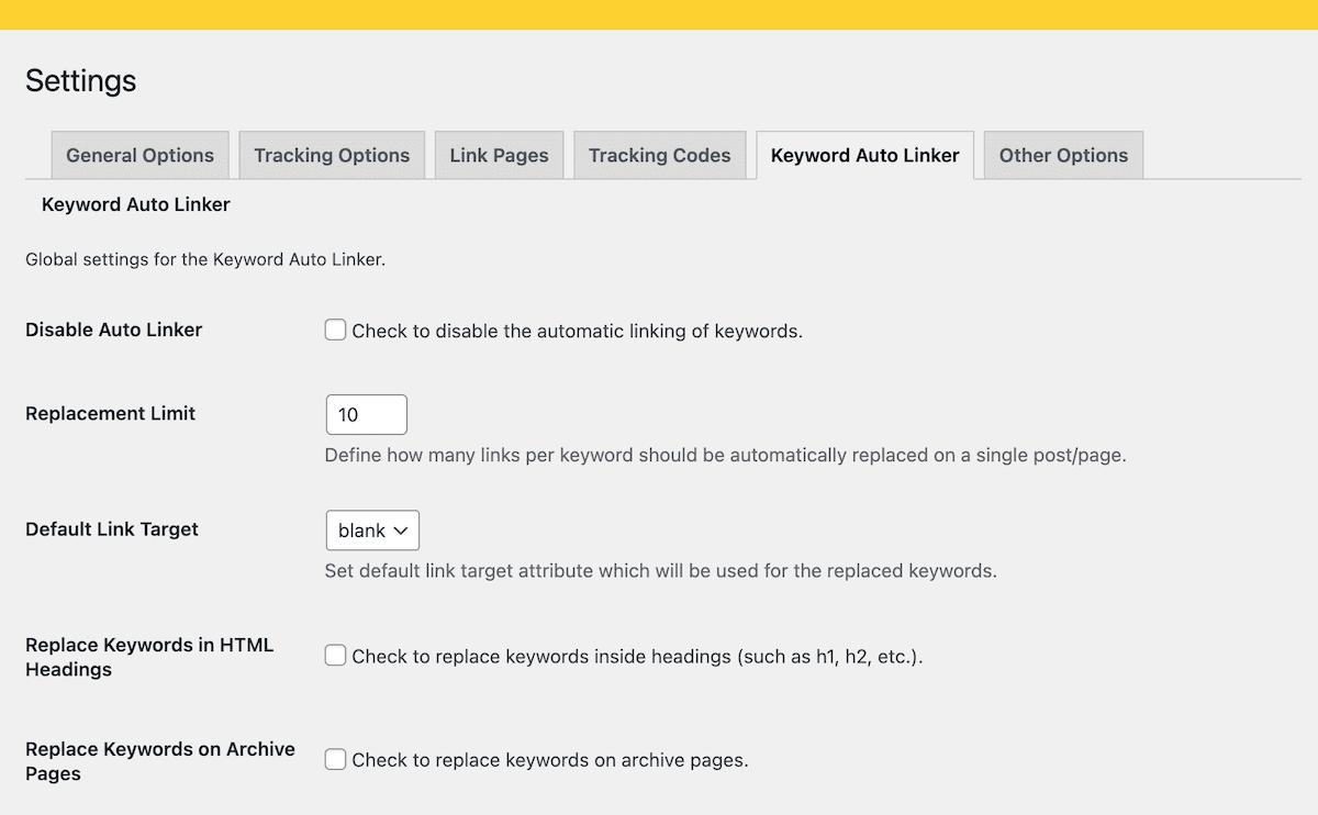 Die Seite Keyword Auto Linker Einstellungen in WordPress.