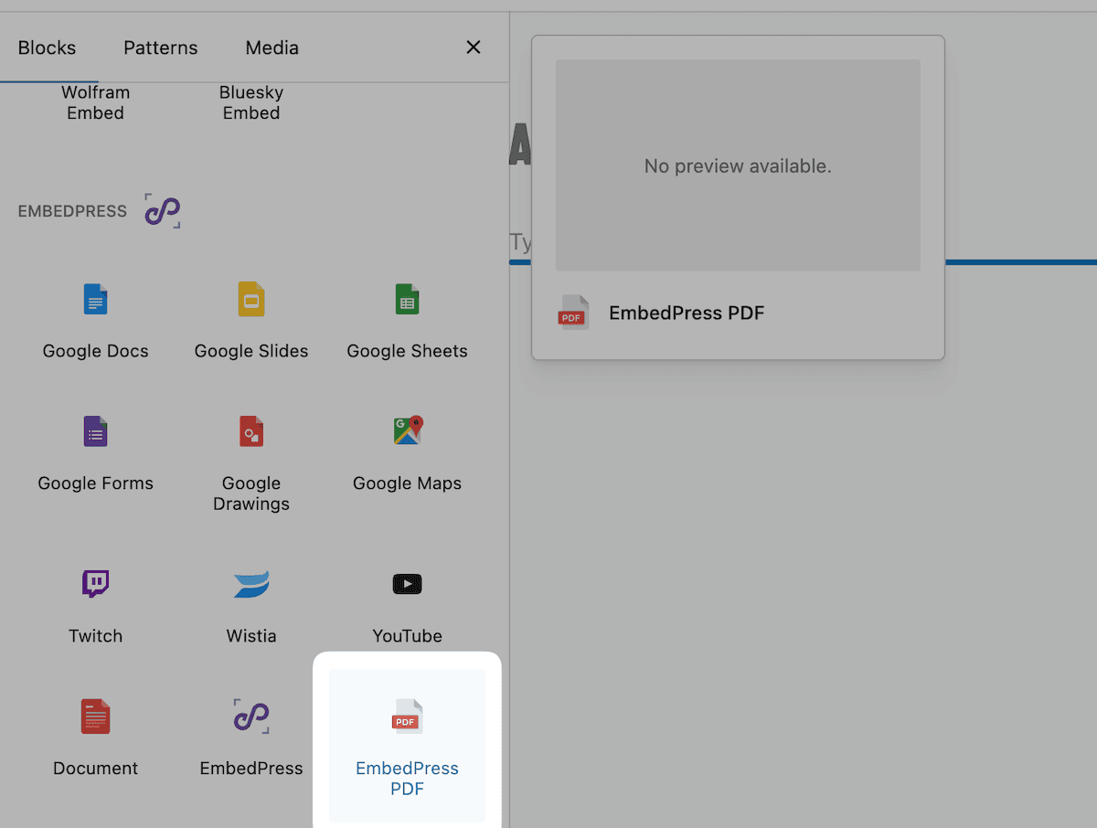 Auswählen des Einbettstress -PDF -Blocks aus dem Blockeditor.