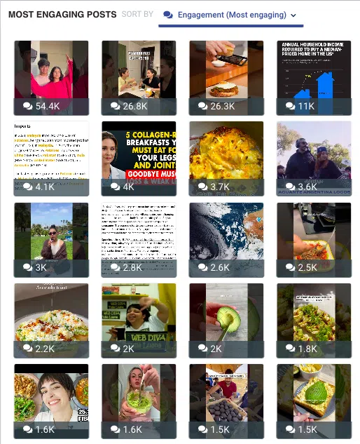 Ein Netz mit engagiertesten Social -Media -Posts im Zusammenhang mit „Avocado -Toast“, der von der Kommentarzahl belegt ist. Das Bild zeigt hochrangige Bilder, einschließlich Lebensmittelfotos, Meme, Rezepte und Influencer-Inhalt. Ein wesentlicher Bestandteil der Markenüberwachung zu oberflächenbedingten Benutzerninhalten und viralen Themen.