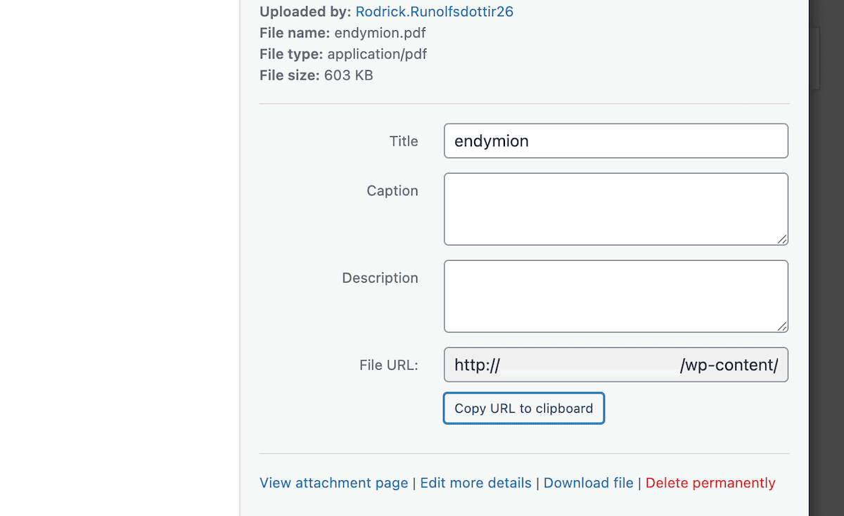 Kopieren der URL eines PDF aus der WordPress Media Library.