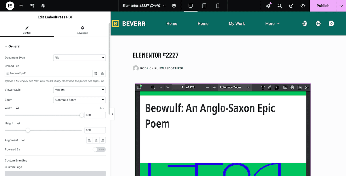 Elementor mit einer PDF auf einer Webseite.