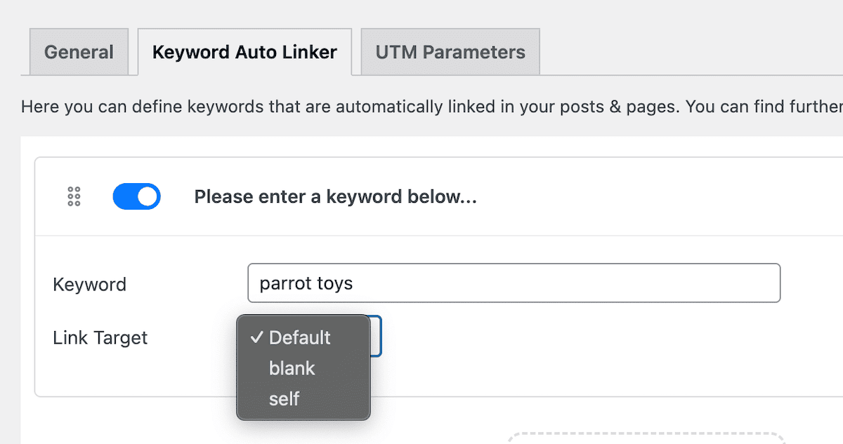 Eingeben eines Keywords in die Auto -Linker -Felder.