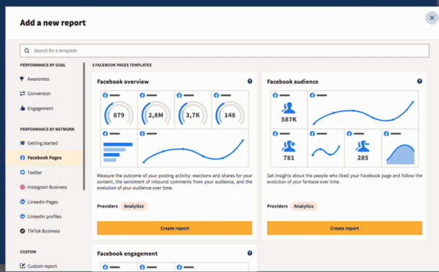 Pantalla para configurar un nuevo informe con la visión General y el público de Facebook Desde Hootsuite.