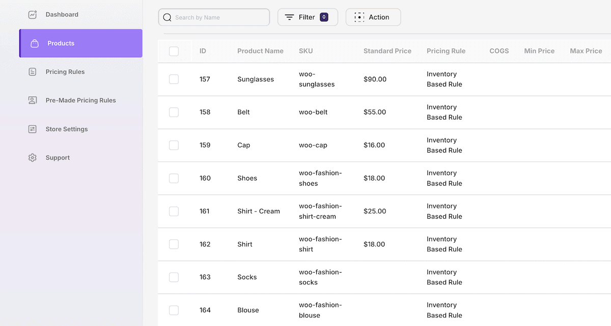 Das Flex -Pricing -Dashboard zeigt einen Überblick über Produkte in einem WooCommerce -Shop.