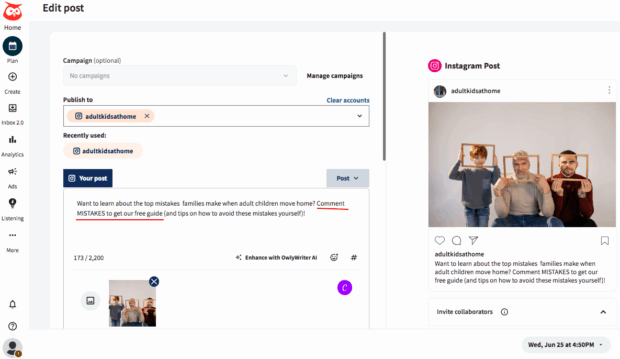 Hootsuite Erstellen Sie einen Beitrag zur Veröffentlichung auf Instagram -Konto