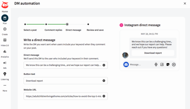 Hootsuite Plan DM Automation schreiben Sie eine direkte Nachricht