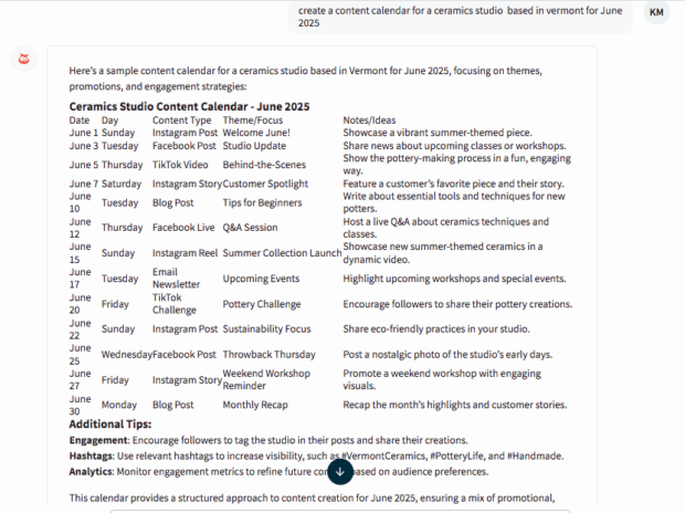 Screenshot von Hootsuite's Owly GPT baut einen Inhaltskalender für ein Keramikstudio