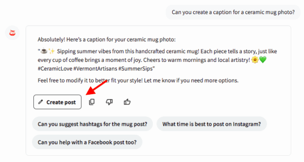 Screenshot veranschaulicht, wie Sie einen Social -Media -Post direkt aus den Empfehlungen von Owlygpt im Hootsuite Dashboard erstellen können