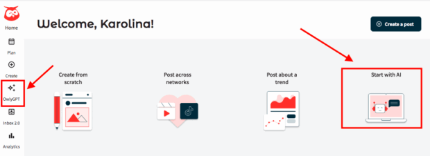 Navigieren nach Owlygpt im Hootsuite Dashboard