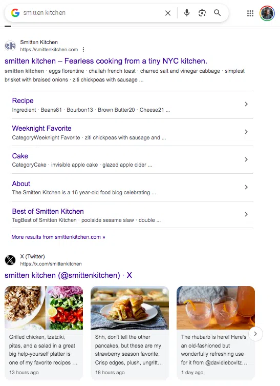 Smitten Kitchen Google Suchergebnisse Website und Sozialseiten
