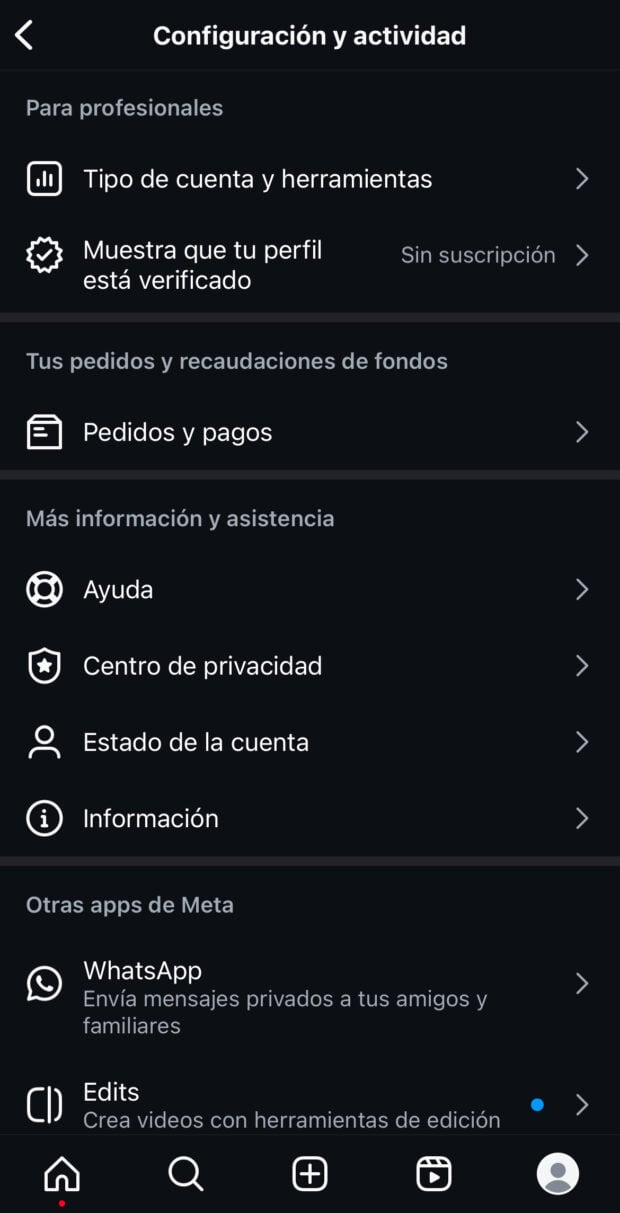 Pestaña configuración y actividad en Instagram