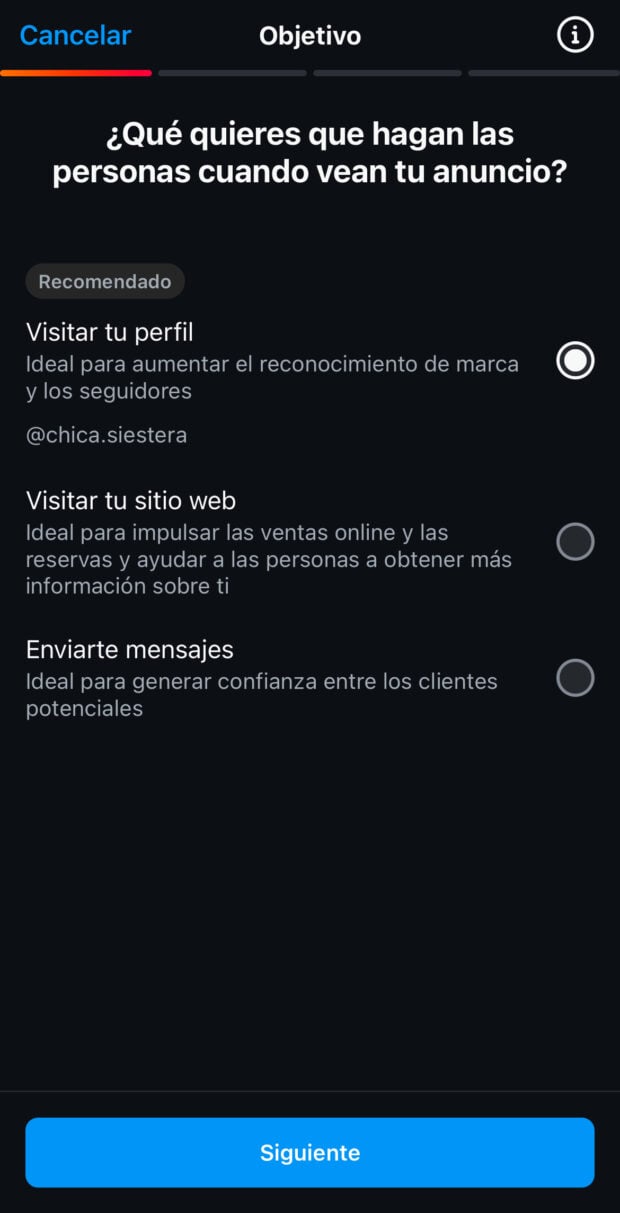 Elige El Objetivo Para Promocionar tu Publicación de Instagram, Visitas al Perfil, Visitas al Sitio Web O Mensajes