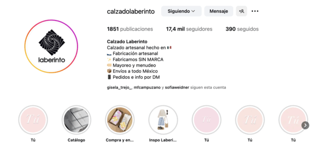 Perfil de Instagram de Calzado Laberinto con bioografía y Momentos destacados