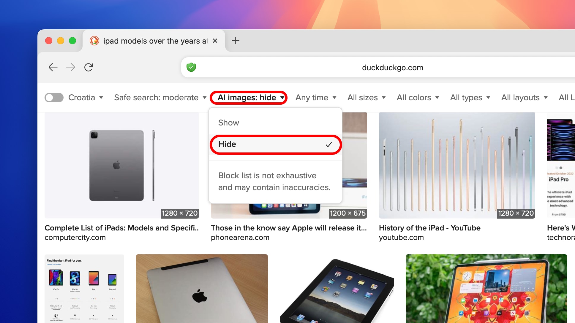 Duckduckgo in Safari für Mac zeigt Suchergebnisse mit der Menüoption zum Ausblenden von KI -generierten Bildern ein.