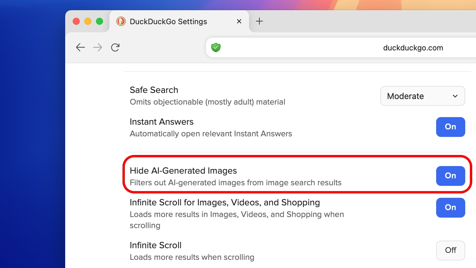 DuckDuckgo-Sucheinstellungen mit der Option, mit AI-generierte Bilder einzublenden und kommentiert.
