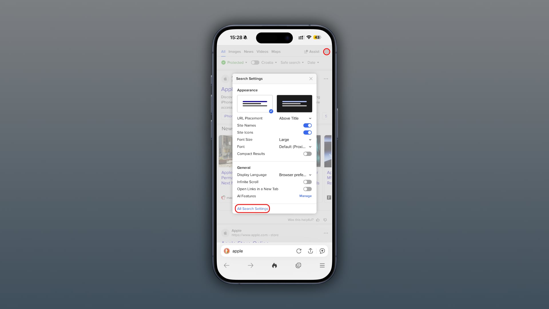 DuckDuckgo auf dem iPhone mit dem Einstellungsmenü mit der Option, alle angezeigten Suchergebnisse anzuzeigen.