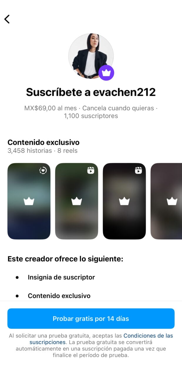 Pantalla de Suscriptción en Instagram