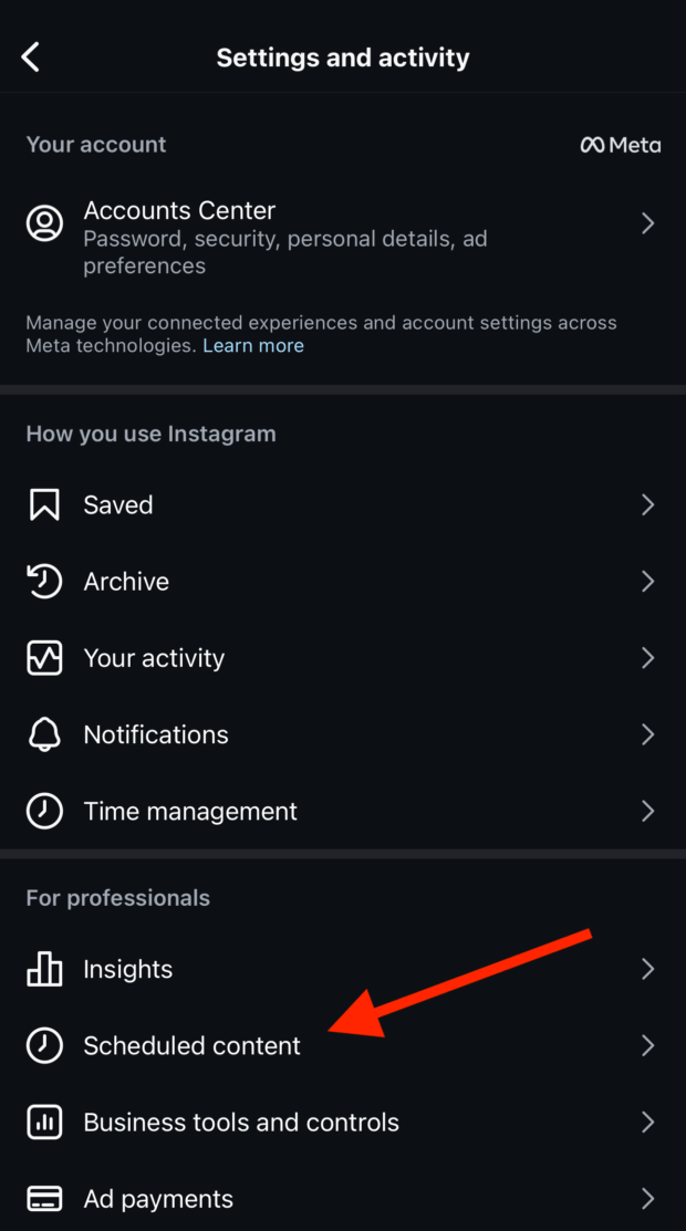 settings and activity scheduled content