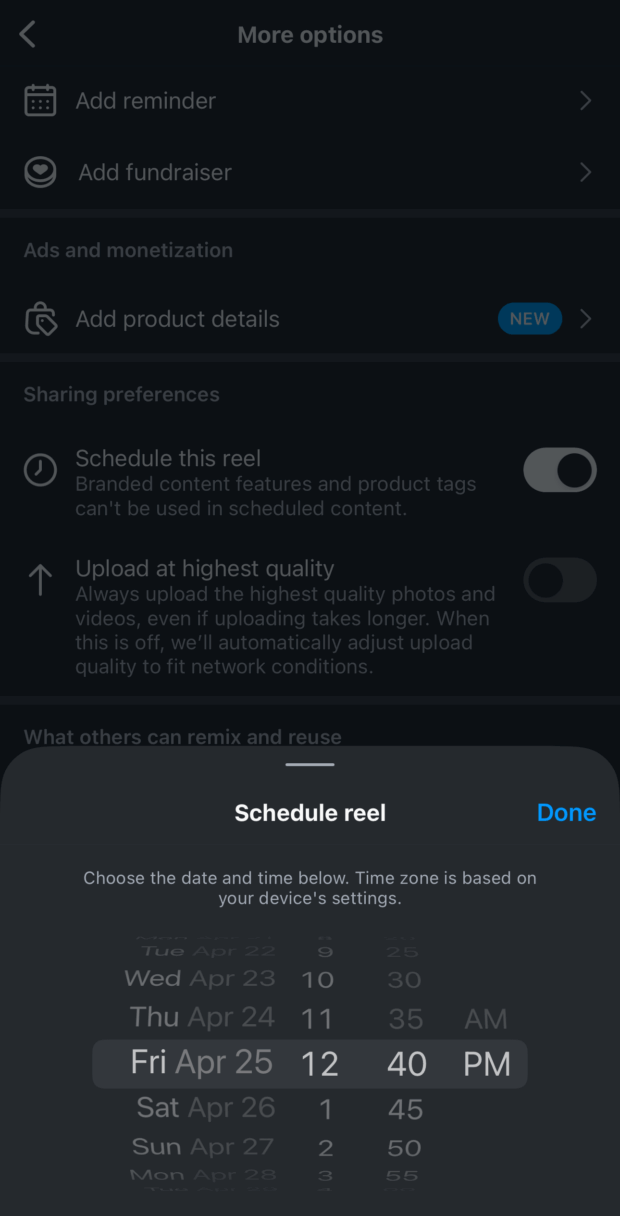 schedule reel choose date and time to publish
