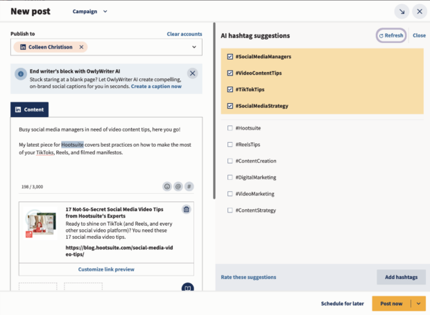 Hootsuite AI Hashtag Vorschläge