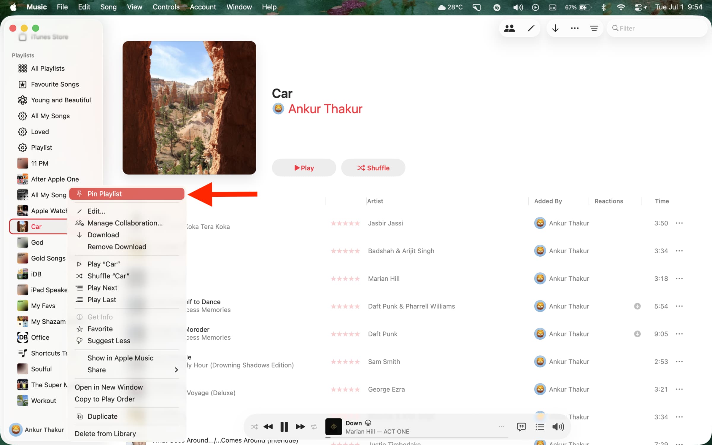 Pin playlist in Music app on Mac