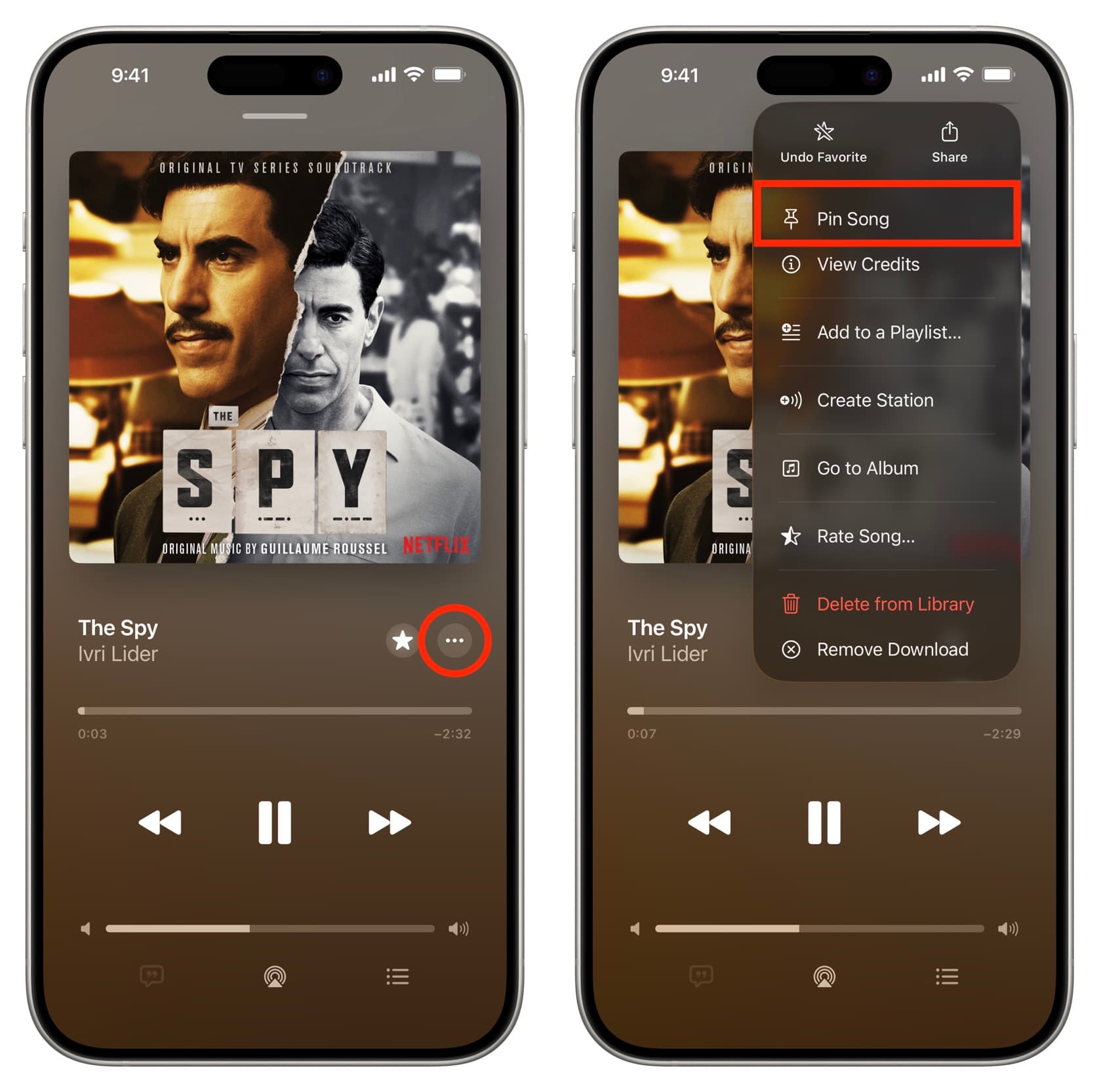Pin song from Now Playing screen in Apple Music app