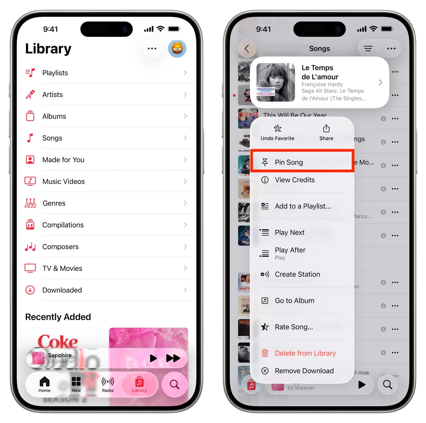 Pin song in Music app on iOS