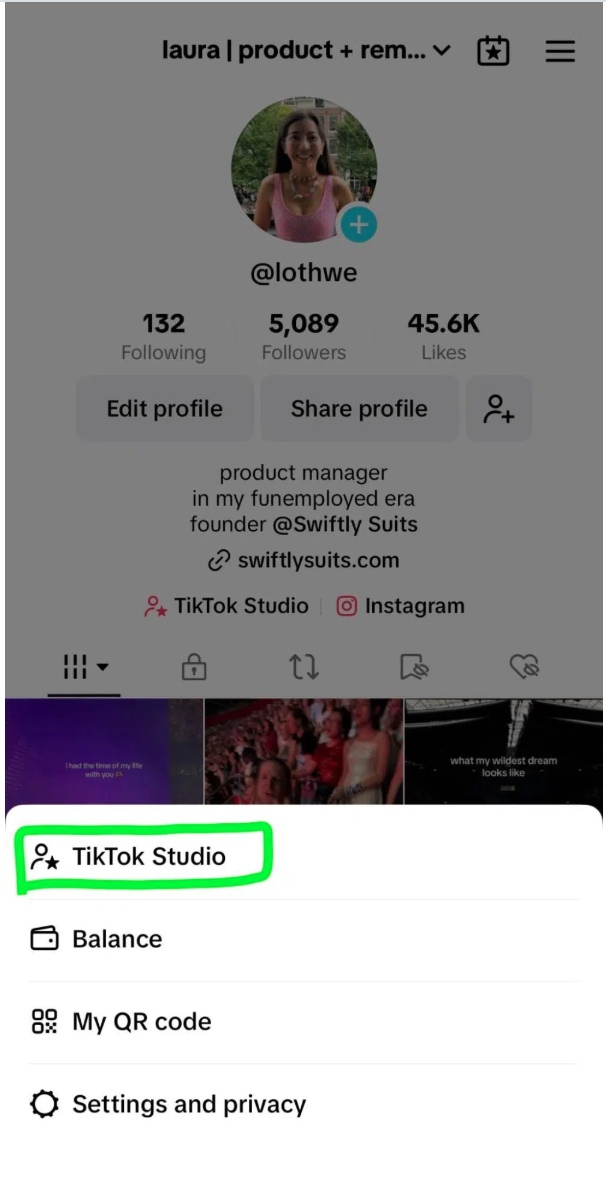 Seleziona TikTok Studio dal menu in alto a destra