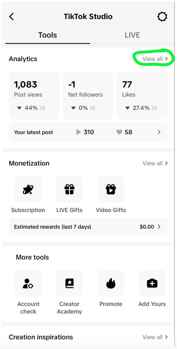 Opzione Visualizza tutto di TikTok Studio sotto Strumenti