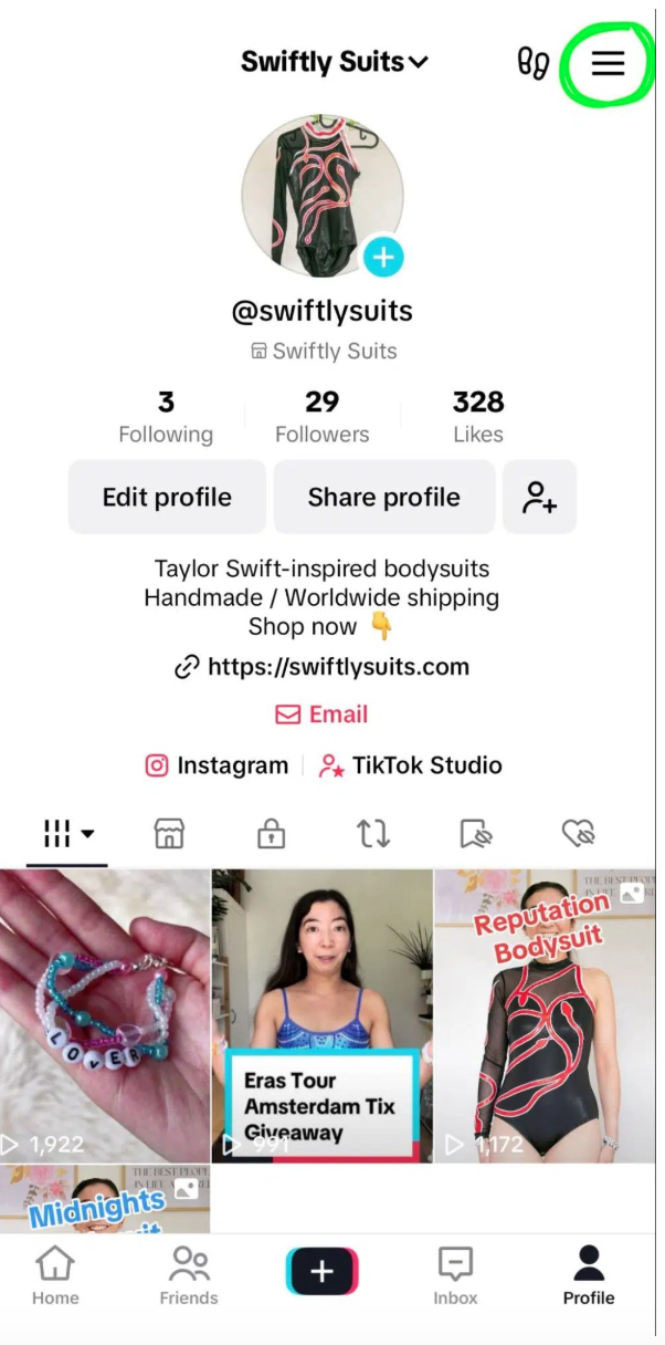 Menu in basso a destra del profilo dell'account Business TikTok