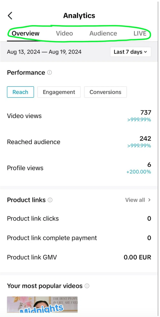 Passa tra le schede Overview, Video, Audience e LIVE per visualizzare metriche diverse