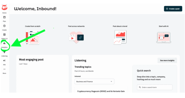 Barra laterale sinistra di analytics dell'account Hootsuite
