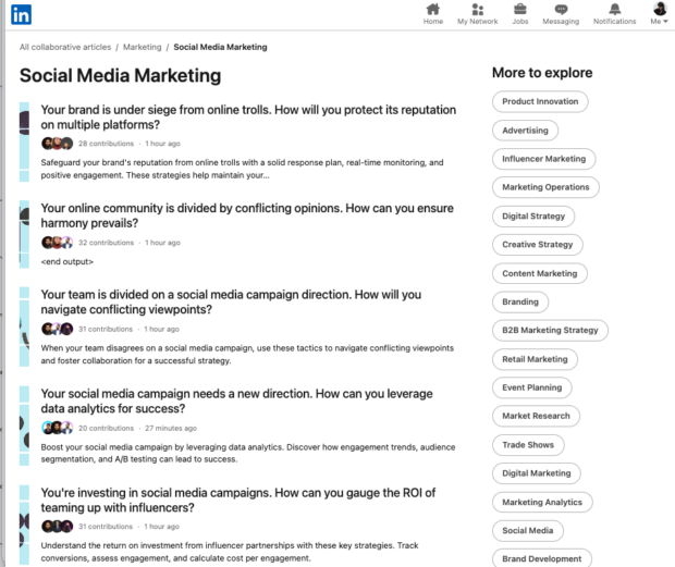 Artículos colaborativos de linkedin generados con sugerencias de temas de su ia