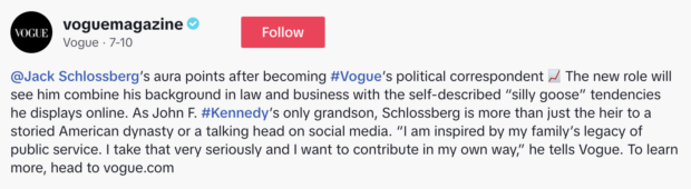 Vogue Présente Jack Schlossberg, Sohn Chroniqueur Politique Sur Tiktok