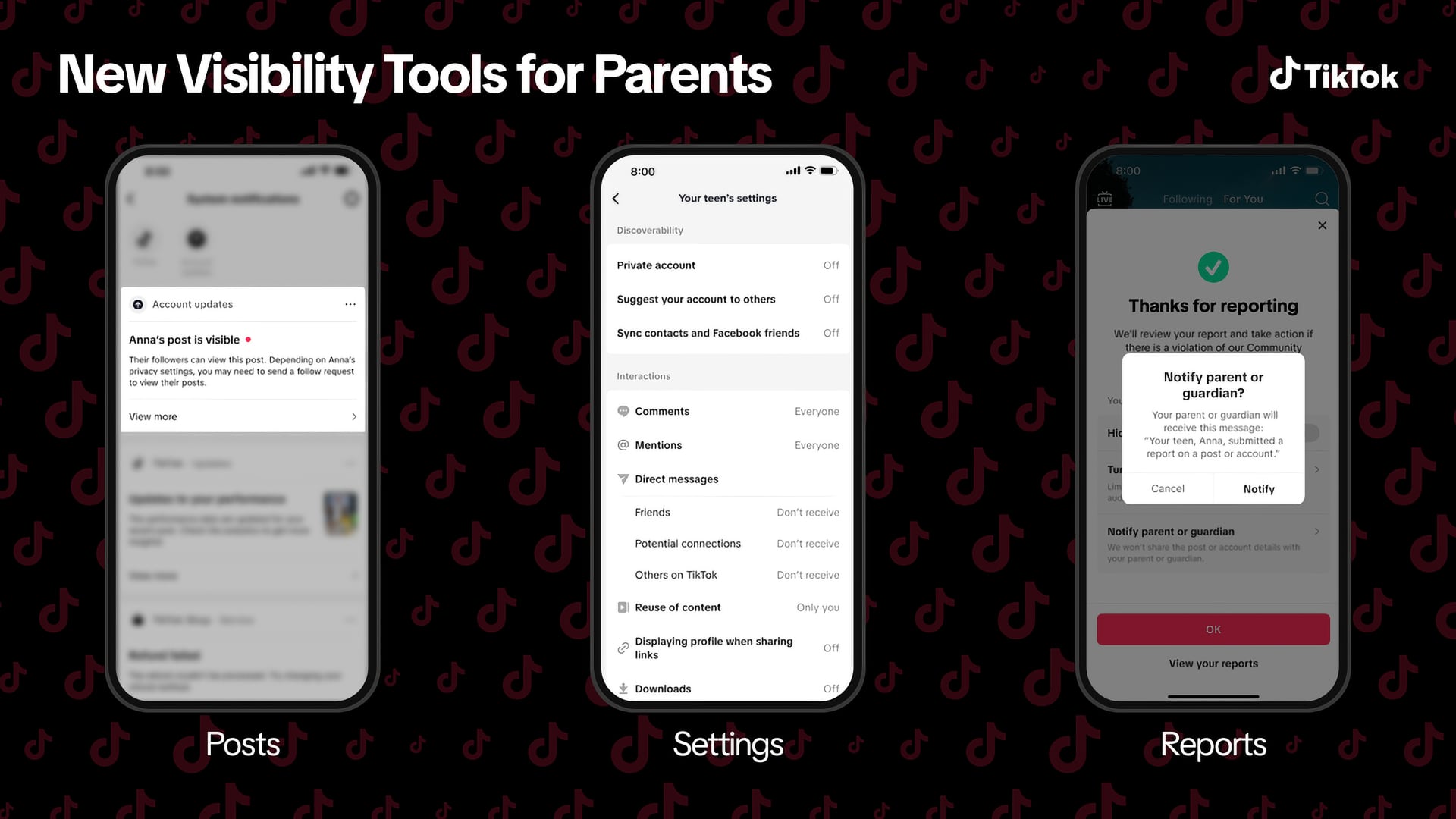 Drei umrahmte iPhone -Screenshots, die Tiktoks Familienpaarsteuerung präsentieren.