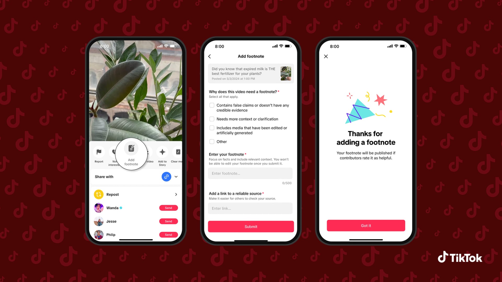 Drei gerahmte iPhone -Screenshots, die die Fußnoten von Tiktok vorstellen.