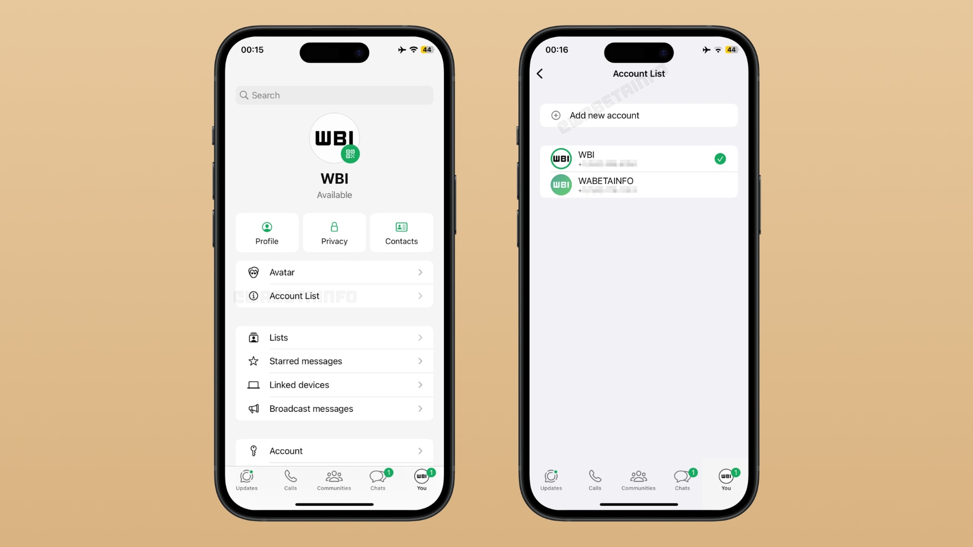 Zwei gerahmte iPhone-Screenshots, die in WhatsApp Multi-Account-Unterstützung zeigen.