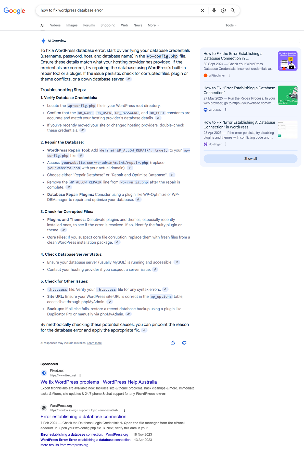 Google -Suchergebnisse mit KI -Übersicht bietet Benutzern die Fehlerbehebung Schritte zum Beheben von WordPress -Datenbankfehler.