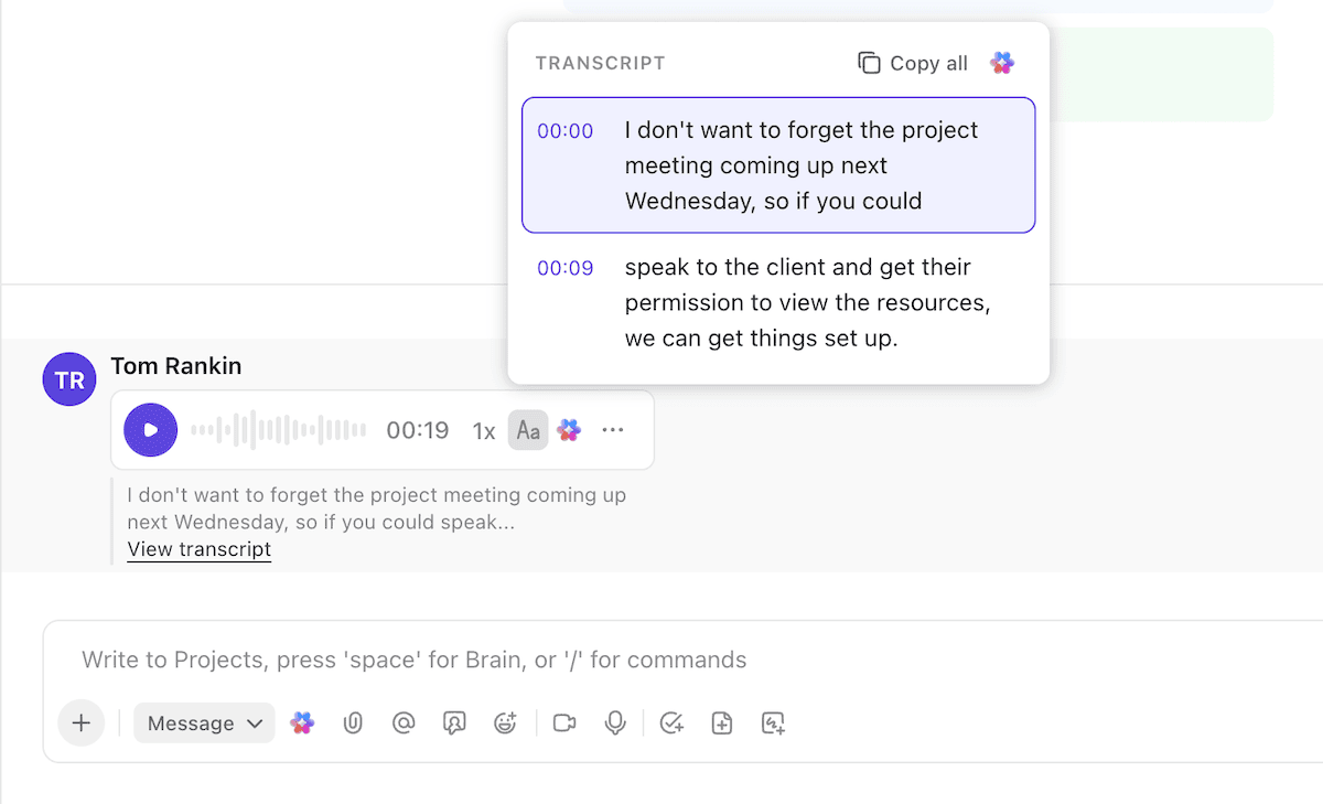 Transkribieren Sie einen Sprachnotiz mit Clickups KI.