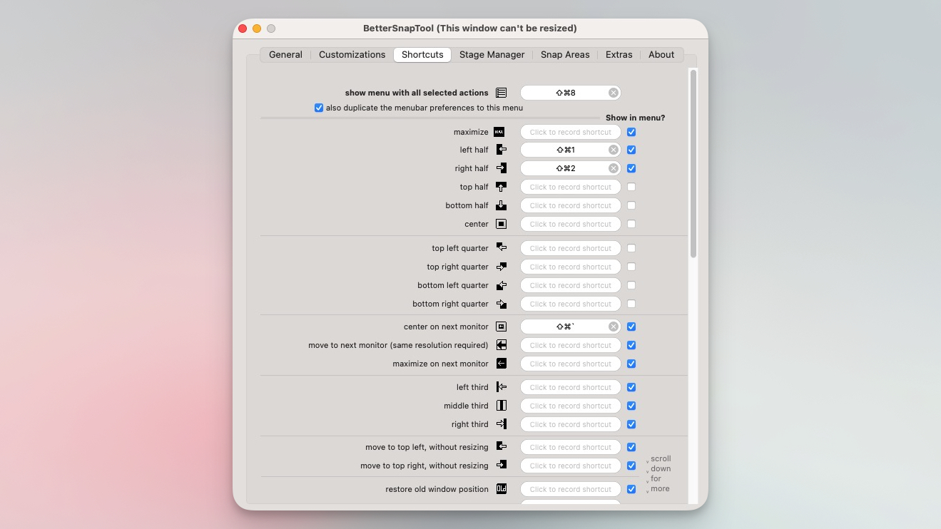 BettersNaptool Keyboard -Verknüpfung Ein Screenshot mit BettersNaptool -Tastatur -Verknüpfungsoptionen für eine bessere Fensterverwaltung auf dem Mac