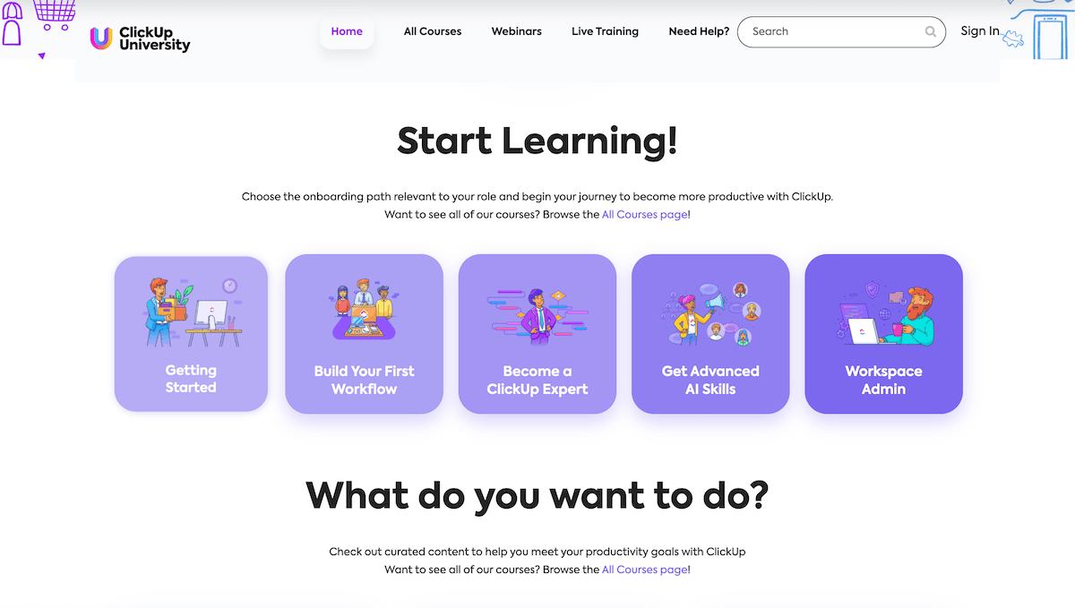 Die Seite Clickup University.