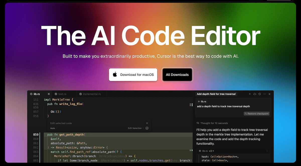 Die Cursor AI Homepage.