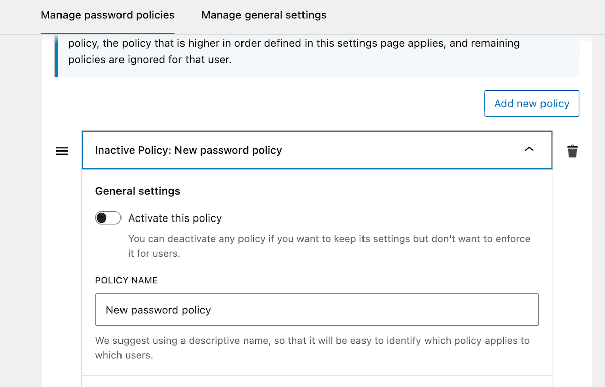Die allgemeinen Einstellungen im WP -Kennwort -Richtlinien -Plugin.