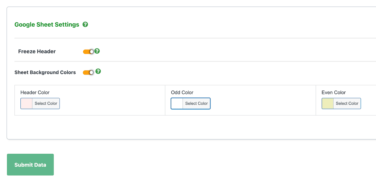 Auswählen von Farben und Einfrieren für Header in WooCommerce Google Sheet Connector Pro.