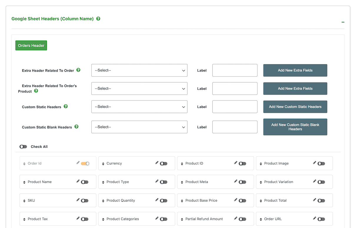 Google Sheet Mapping -Optionen im WordPress -Dashboard.