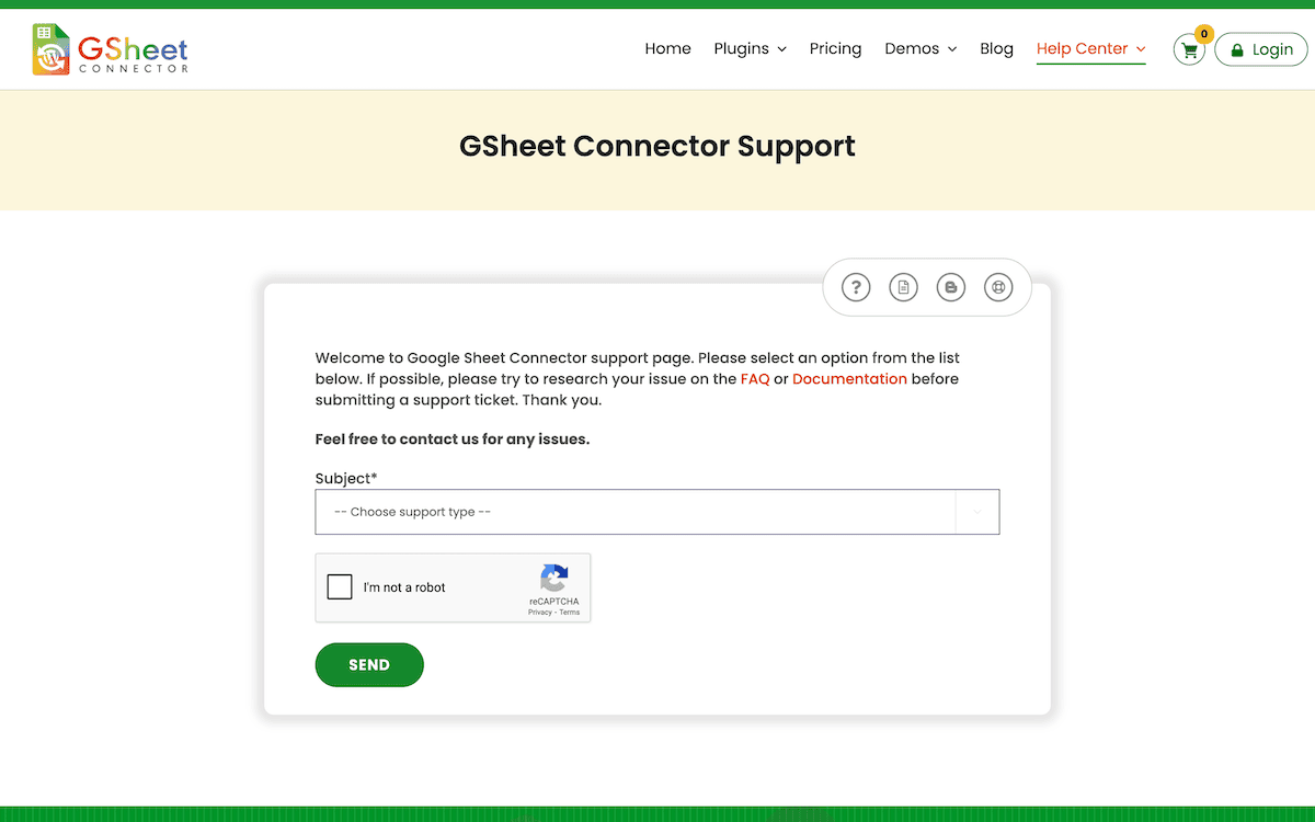 Das WooCommerce Google Sheet Connector Pro -Support -Formular.