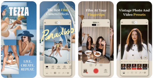 aptura de pantalla de funciones de tezza con la leyenda „los mejores efectos para Video en la punta de tus dedos. con Presets Vintage Para foto y Video“.
